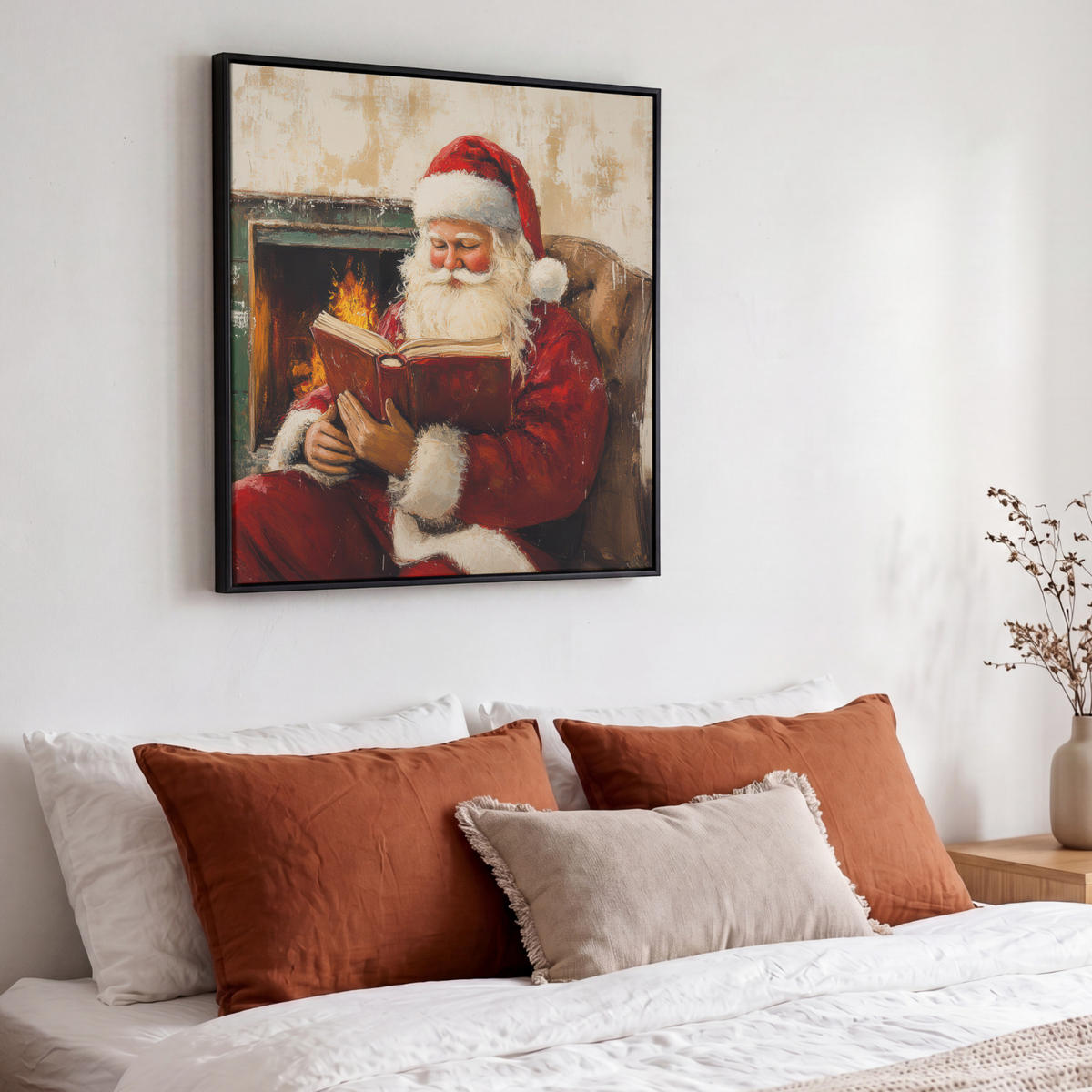 LEINWAND Bilder mit Rahmen - Weihnachten - Weihnachtsmann - Winter - Open Fireside - 50x50 - Dunkelrot, Textil (50/50cm) - MuchoWow