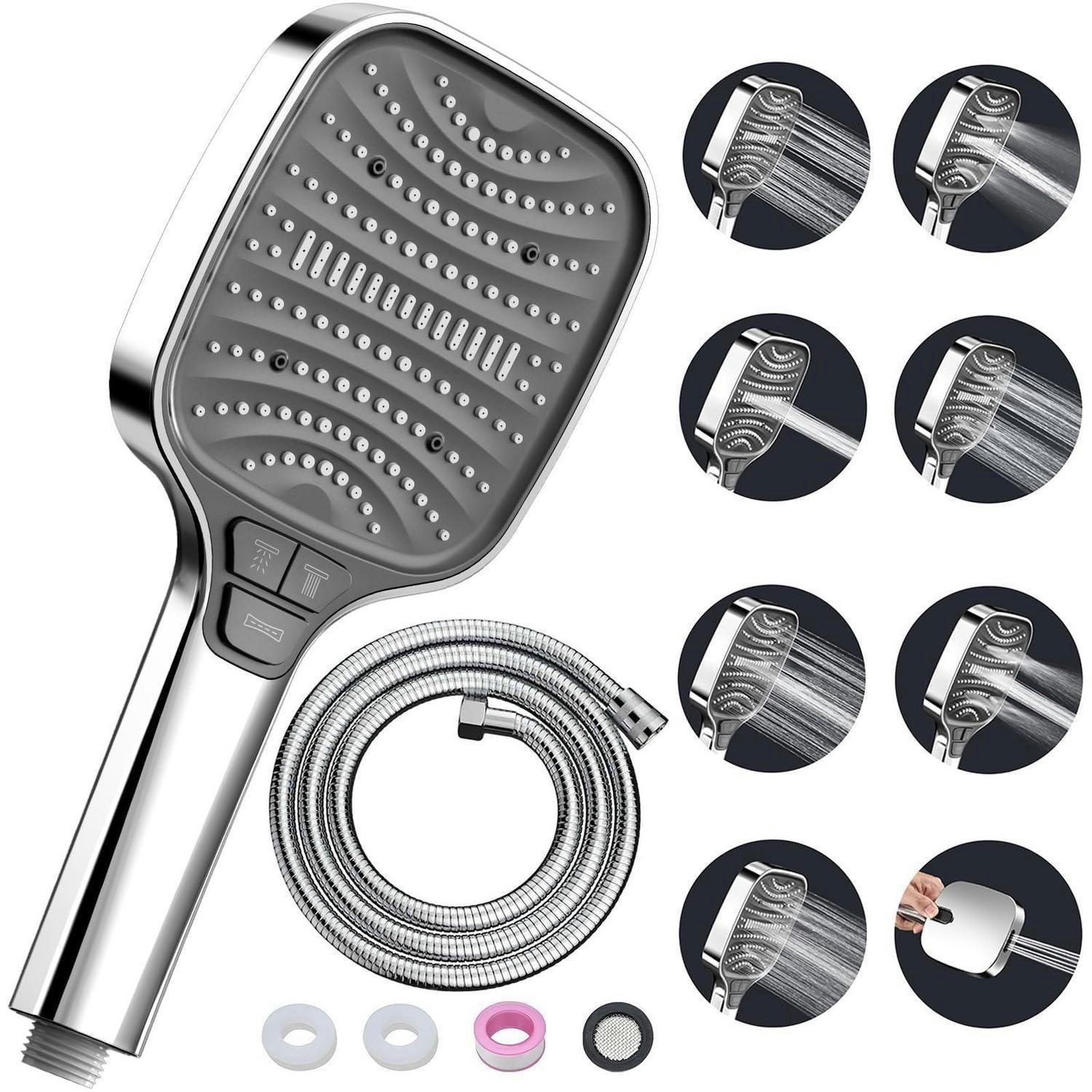 DUSCHKOPF Set mit 1.5m Schlauch Silber 8 Strahlarten Stoppfunktion - Silberfarben, Metall (12/12.7/26cm)