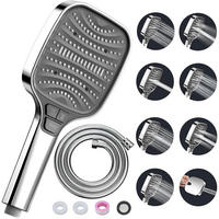 DUSCHKOPF Set mit 1.5m Schlauch Silber 8 Strahlarten Stoppfunktion - Silberfarben, Metall (12/12.7/26cm)