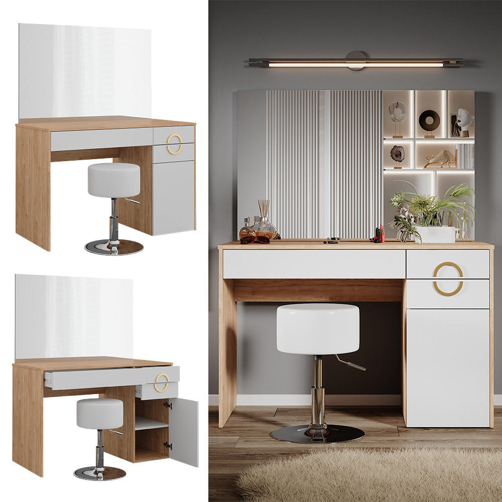 SCHMINKTISCH Adela Natural Rockford Hickory 115 cm mit Hocker - Trüffeleichefarben/Weiß, Holzwerkstoff (115/76.4/55cm) - Vicco