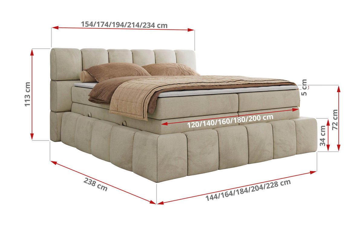 BOXSPRINGBETT NIRA KING 180/200 Beige Velvet - H3 - Beige, Holz/Textil (180/200cm) - MKS