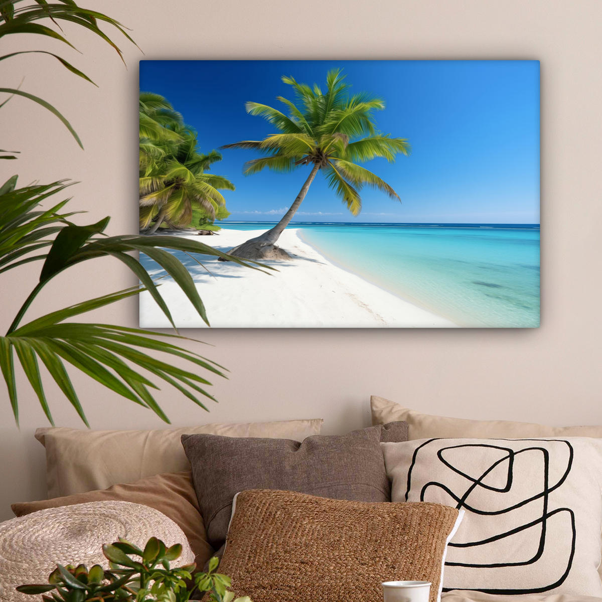 LEINWANDBILD Strand - Palme - Tropisch - Meer Gemälde 60x40 cm - Grün, Textil (60/40cm) - MuchoWow