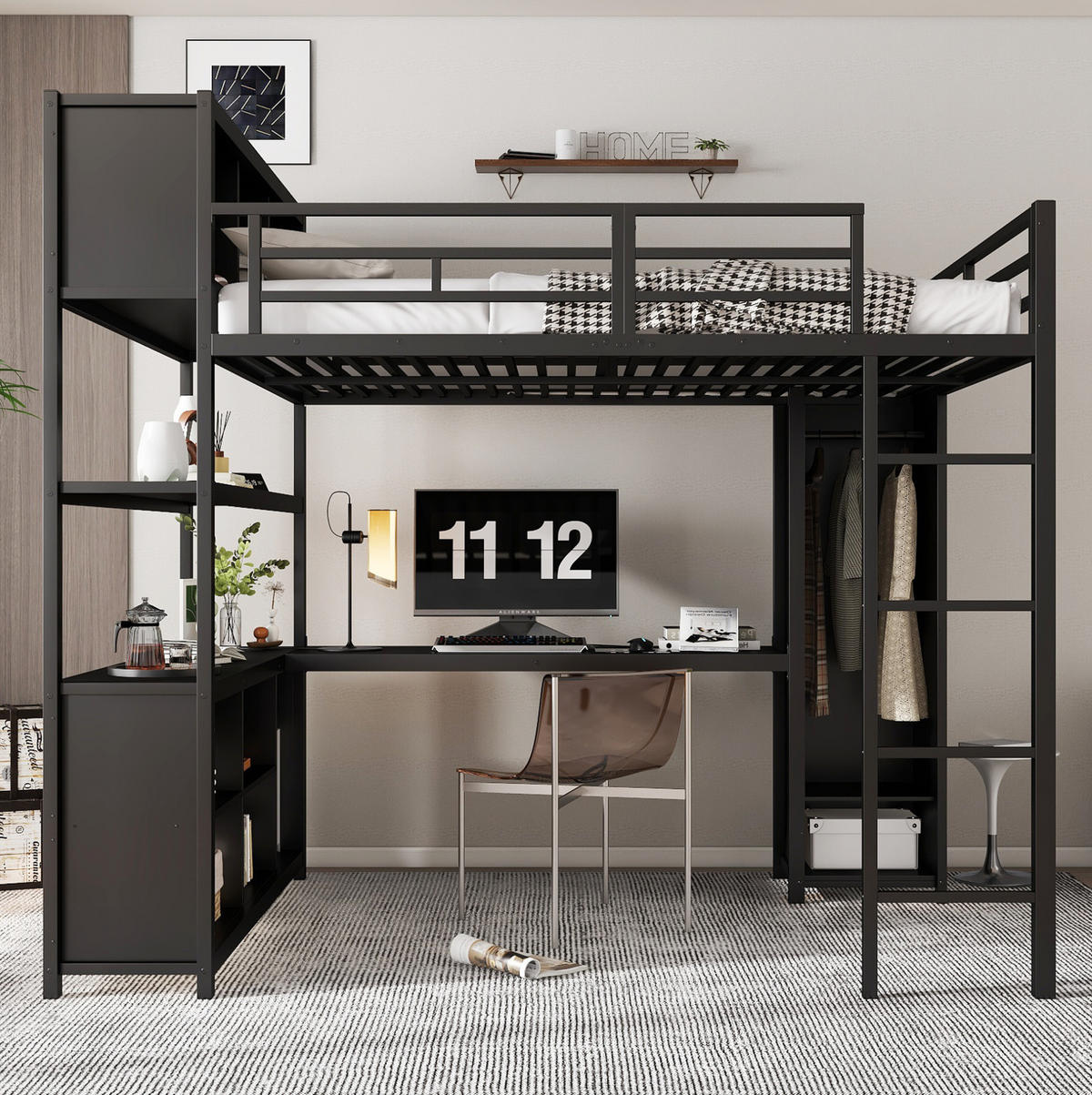 HOCHBETT 140/200 cm Schwarz aus Eisen und Spanplatte mit Schreibtisch und Kleiderschrank - Schwarz, Metall (90/200cm) - OKMYHOME