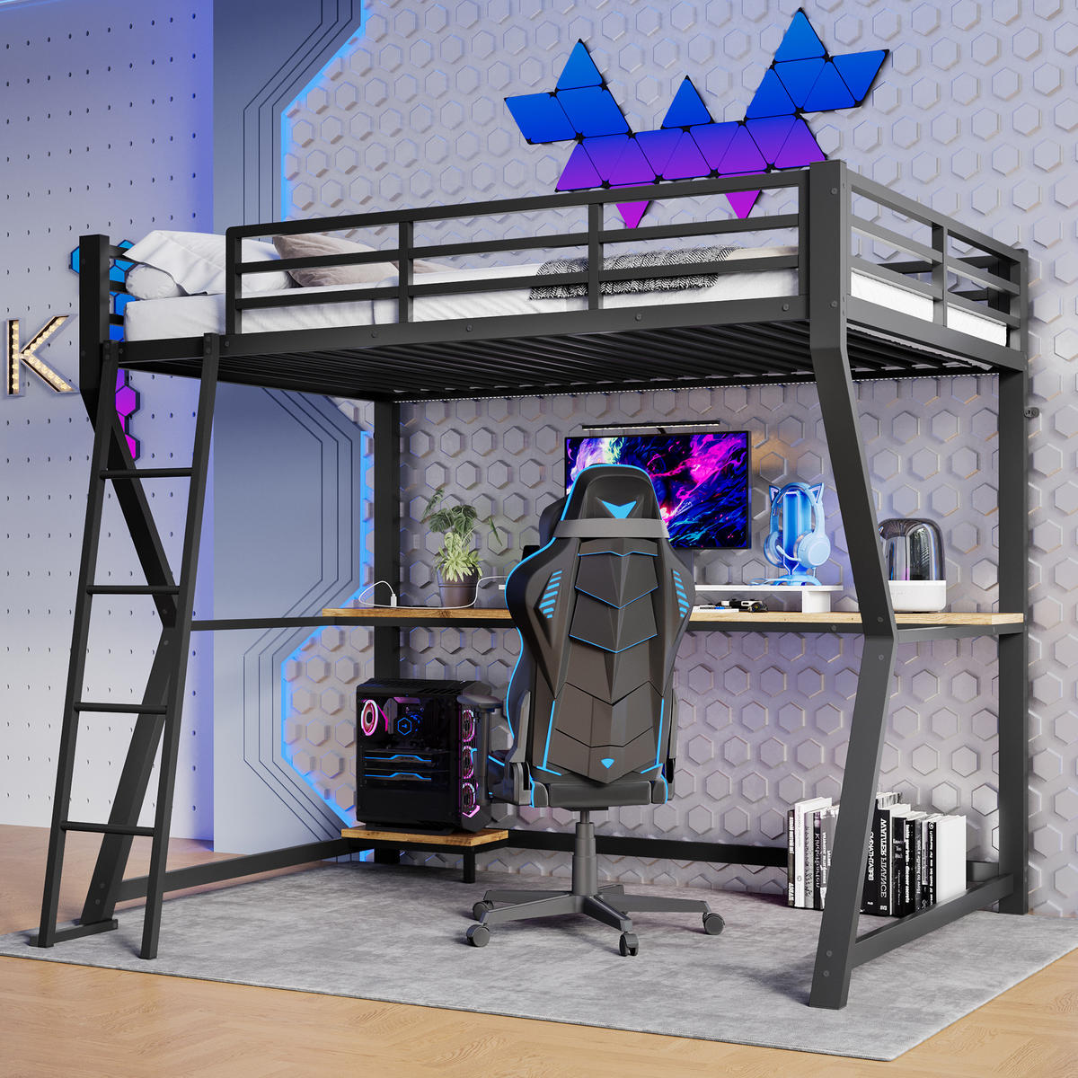 HOCHBETT 90x200cm Schwarz LED-Licht Computerablage Schreibtisch USB - Schwarz, Metall (90/200cm) - FLIEKS