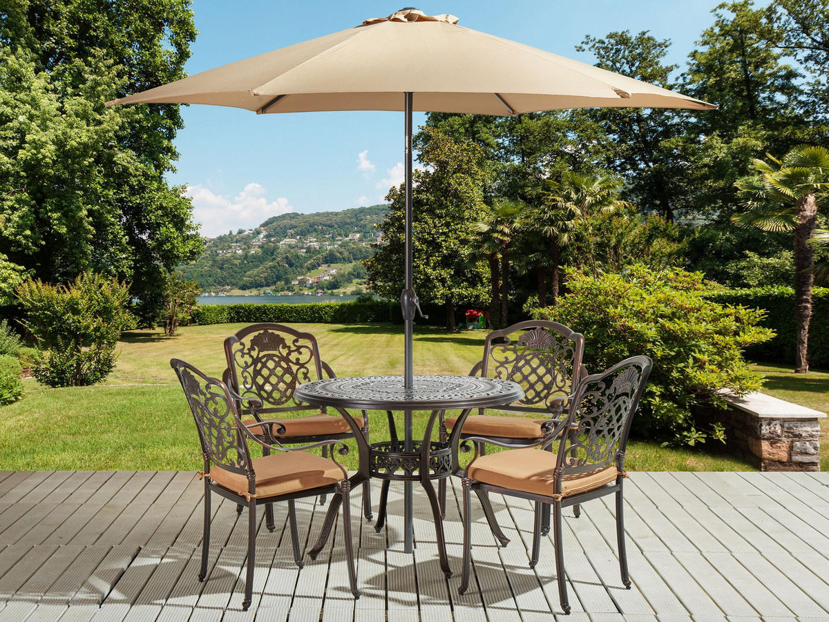GARTENMÖBEL SET 4-Sitzer mit Sonnenschirm Aluminium dunkelbraun Salento - Beige/Braun, Metall - Beliani