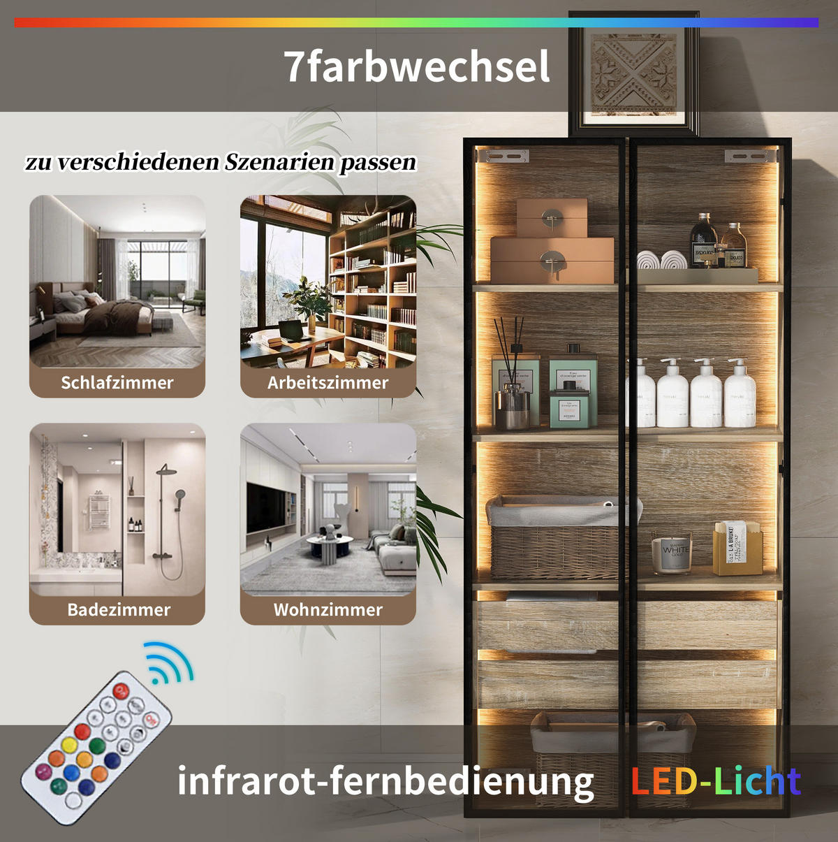 MIDISCHRANK 2er-Set Badezimmerschränke 73 cm aus MDF mit LED-Beleuchtung und Milchglastüren Natur - Naturfarben, Holzwerkstoff (74/155/36cm) - Modenvie