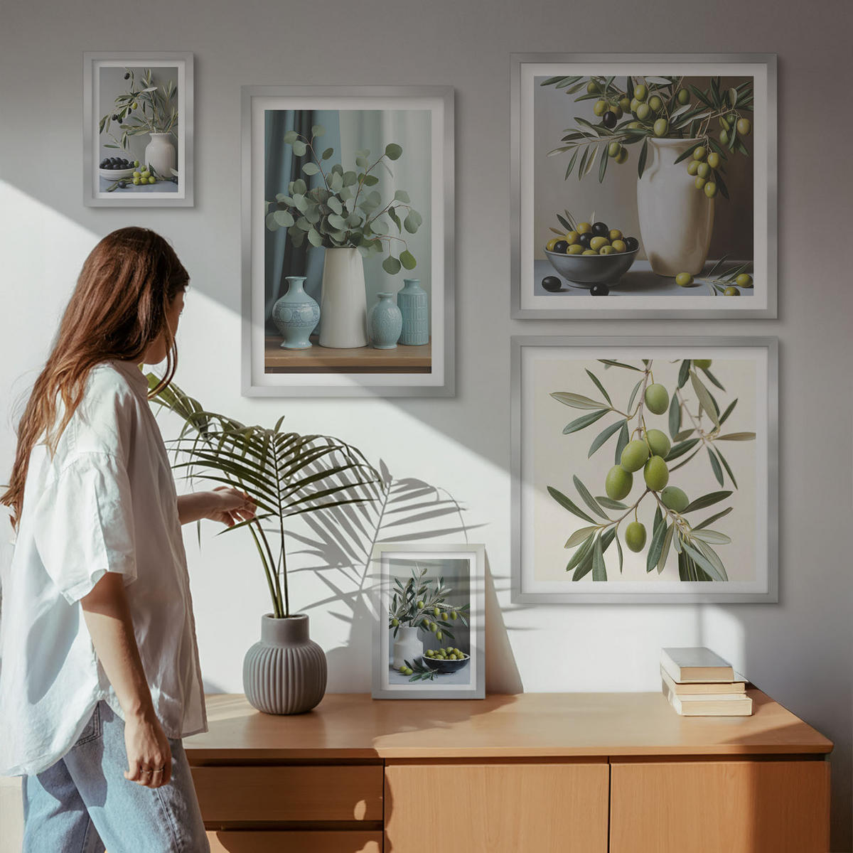 BILDER SET 5er Set - 50x50 cm & 20x30 cm & 40x60 cm Silberner Rahmen - Oliven in Vasen in gedeckten Farben - Silberfarben, Kunststoff (40/60cm) - TULUP