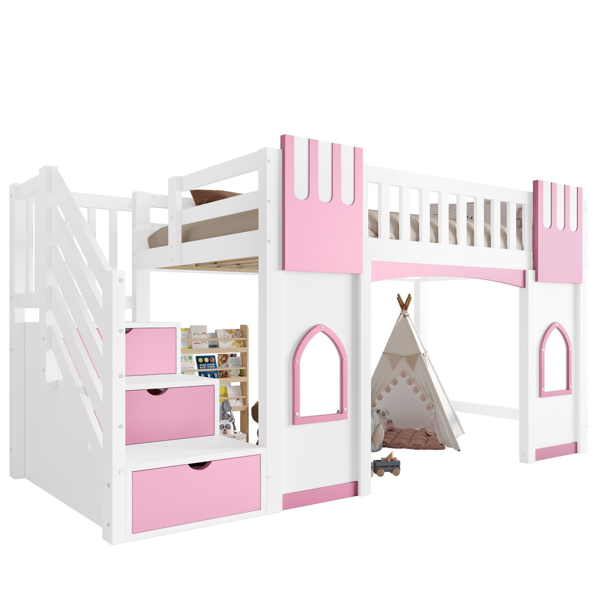 HOCHBETT 90/200 cm aus MDF, Kiefer und Sperrholz mit Stauraumtreppe und Fenstern Weiß/Rosa - Weiß, Holzwerkstoff (90/200cm) - Modenvie