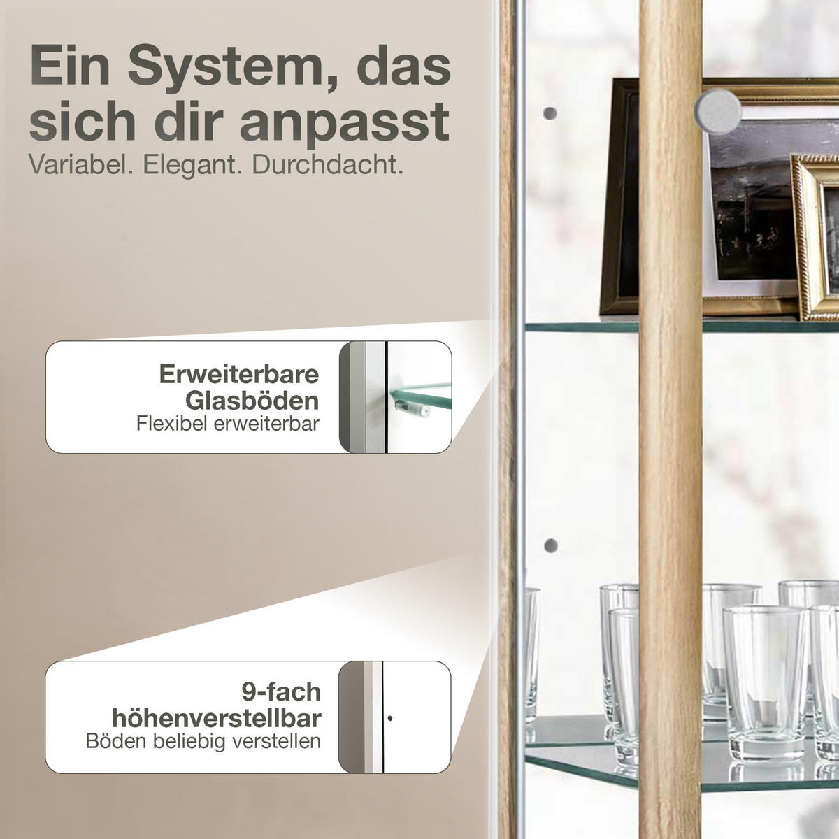 GLASVITRINE 33/67/176 cm mit Spiegel, LED, Schloss & 4 höhenverstellbaren Glasböden - Transparent/Silberfarben, Glas/Holzwerkstoff (67/176/33cm) - K-Möbel