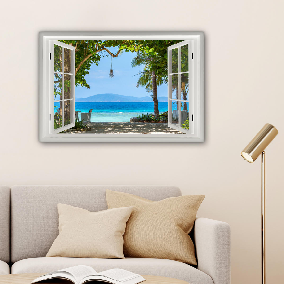 LEINWANDBILD Aussicht - Baum - Meer - Palme - Hügel - Strand - Blau Wanddeko 90x60 cm - Blau, Textil (90/60cm) - MuchoWow