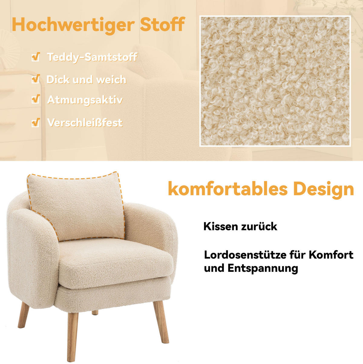 SESSEL 71/72/71 cm Beige aus Teddy mit Kissen - Beige, Textil (72/71/71cm) - OKMYHOME