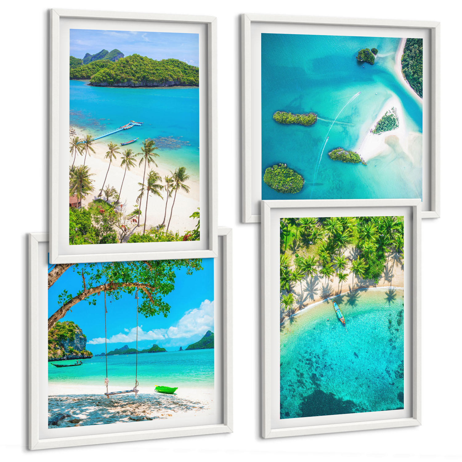 BILDER SET 4er Set - 50x50 cm & 40x60 cm Weißer Rahmen - Strände, Palmen, kristallklares Wasser - Weiß, Kunststoff (50/50cm) - TULUP