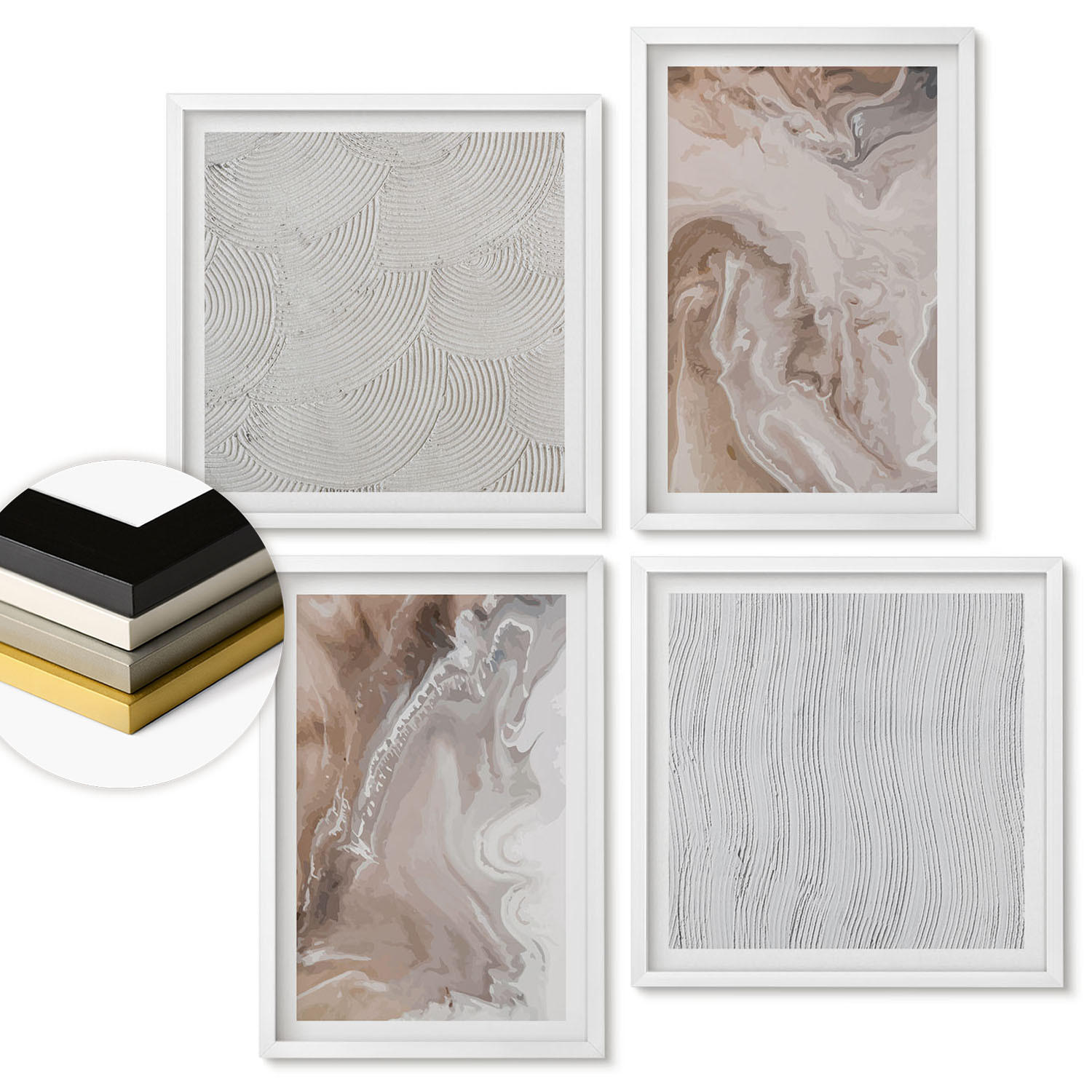 WANDBILDER 4er-Set - 50x50 cm & 40x60 cm Weißer Rahmen - Abstrakte Marmormuster aus Stein - Weiß, Kunststoff (50/50cm) - ArtPrintCave