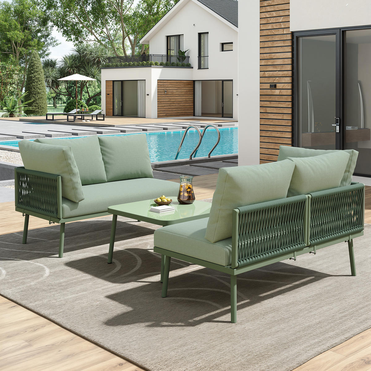 GARTEN Lounge Set aus Eisen mit grünem Seil LForm mit Sitzkissen verstellbaren Füßen 2 Sofas und Tisch - Grün, Metall - FLIEKS