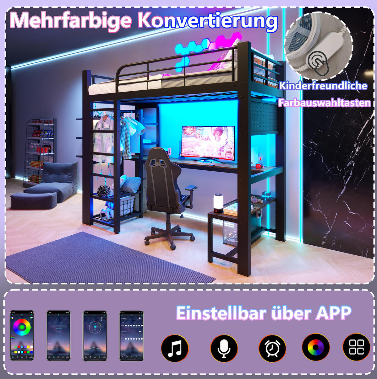 HOCHBETT 90/200 cm Metall mit LED, Schreibtisch und Kleiderstange - Schwarz, Metall (90/200cm) - MIVRAY