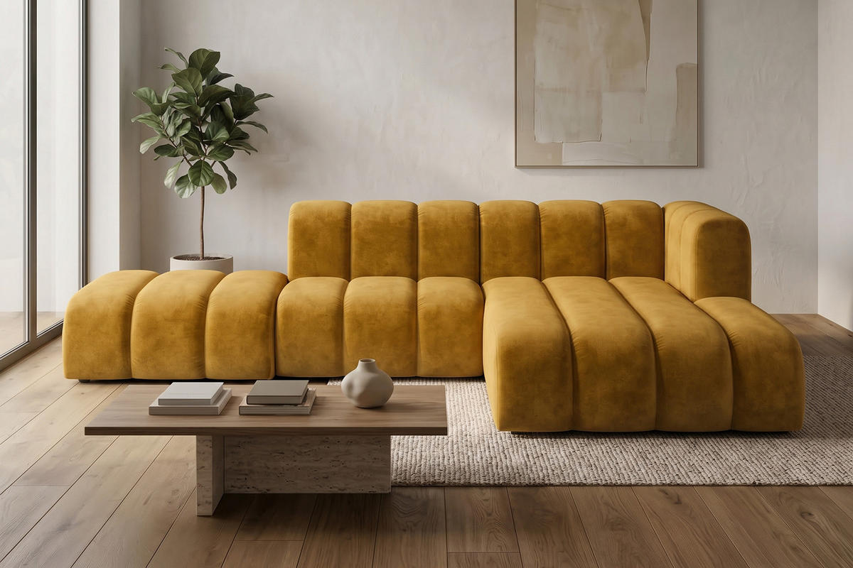 ECKSOFA Modulares In L-Form Mit Hocker, Velvet-Stoff Riviera, Senffarbe, Rechts, GRAND Mini - Gelb, Holz (295/179cm) - Kaiser Möbel