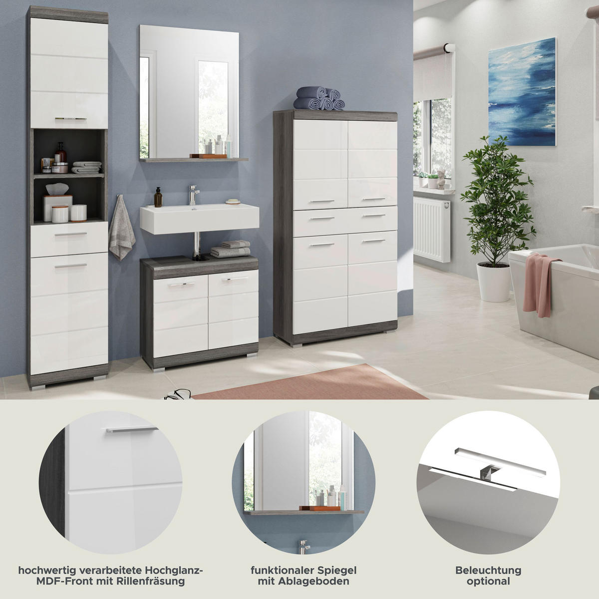 BADKOMBINATION 4tlg. Scout Bad in Rauchsilber Nachbildung und weiß hochglanz B/H/T: 186x191x34 cm - Anthrazit, Holz (186/191/34cm)