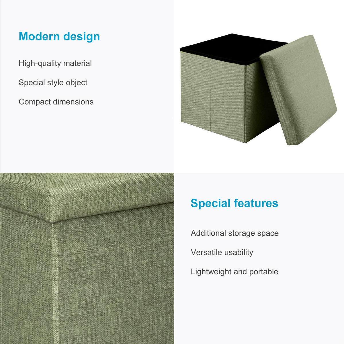 SITZBOX mit Stauraum 30/30/30 cm (Grün) - Hellgrün, Textil (38/38/38cm) - Intirilife