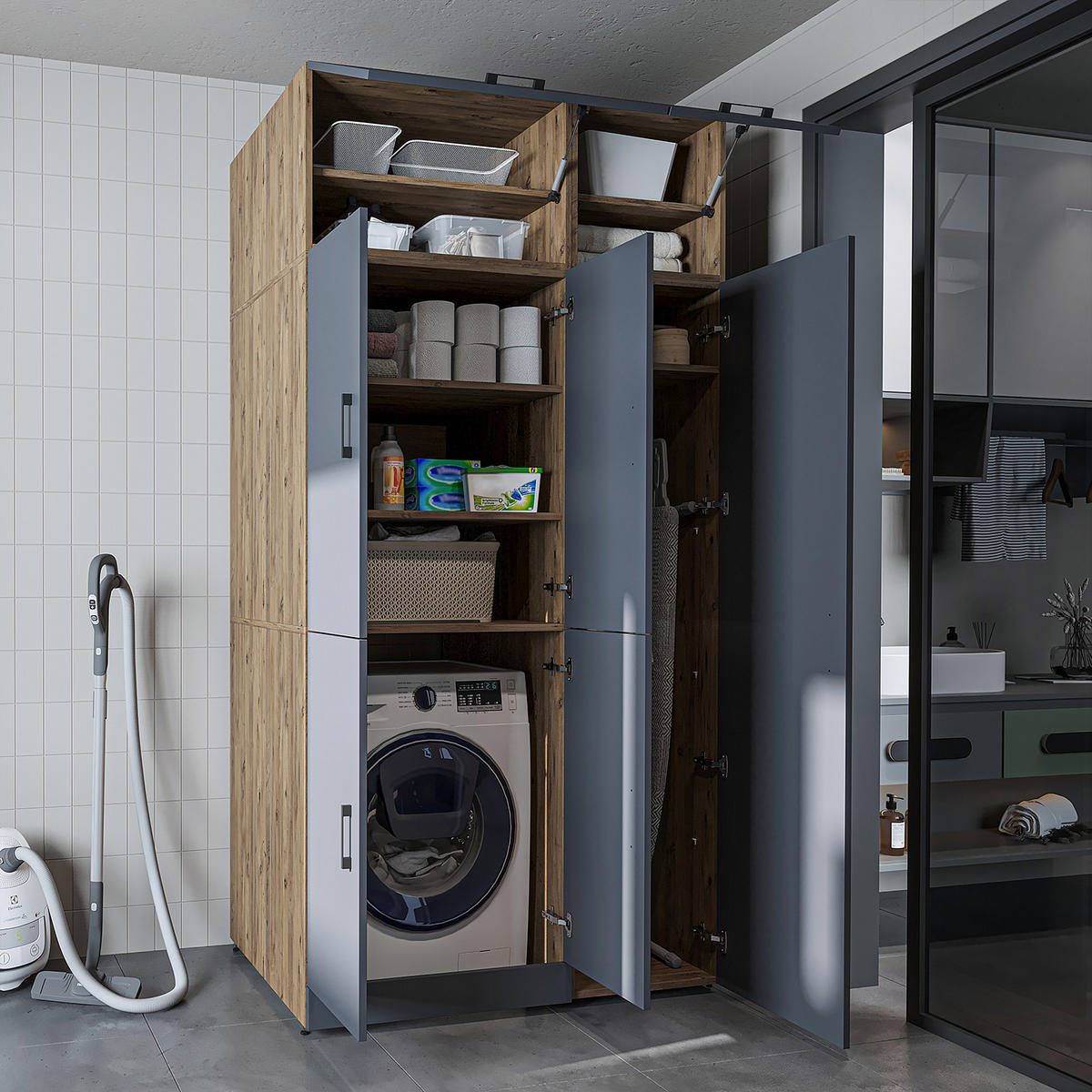 WASCHMASCHINENSCHRANK DORA-II 115cm Breit, 230cm Hoch - Anthrazit, Holzwerkstoff (115/230/73.8cm)