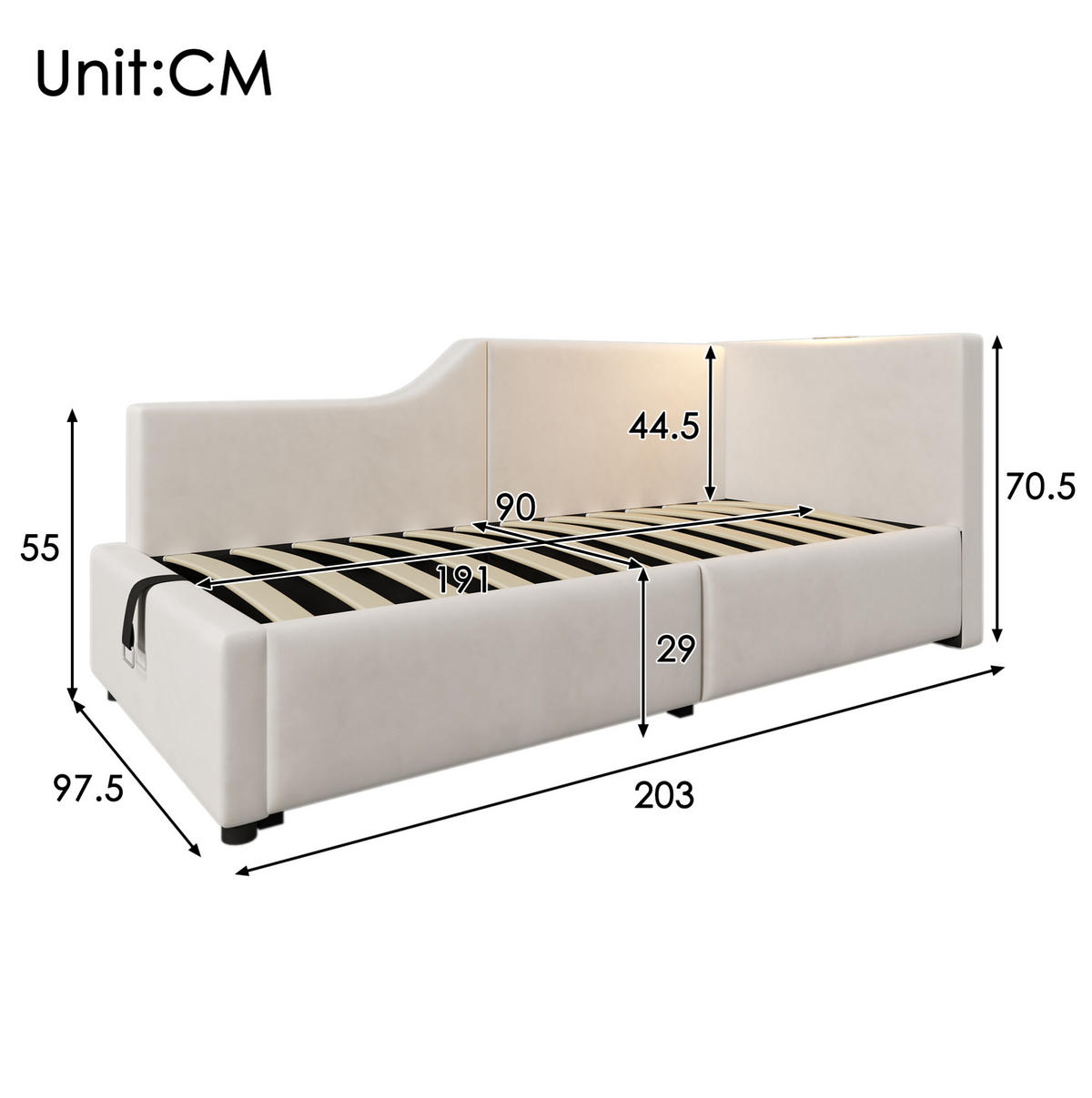 ČALÚNENÁ posteľ z velúru, 203/70/98 cm béžová, s úložným priestorom, USB-C a lampou - béžová, textil (90/190cm) - BEAOK