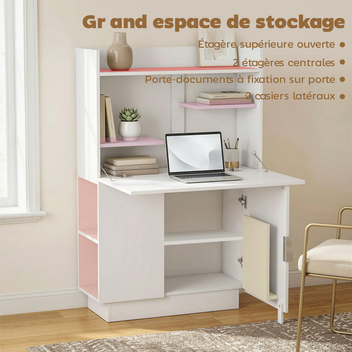 SEKRETÄR SCHREIBTISCH Weiß klappbar mit Regalfächern und Schrank 80/30/128 cm - Weiß, Holzwerkstoff (80/30/128cm) - PANGIVO