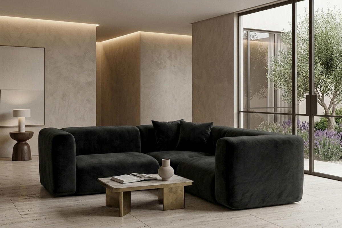 ECKSOFA Modulares, Corner Mini, Velvet-Stoff Bluvel, Schwarz, GRETA - Schwarz, Holz (190/190cm) - Kaiser Möbel