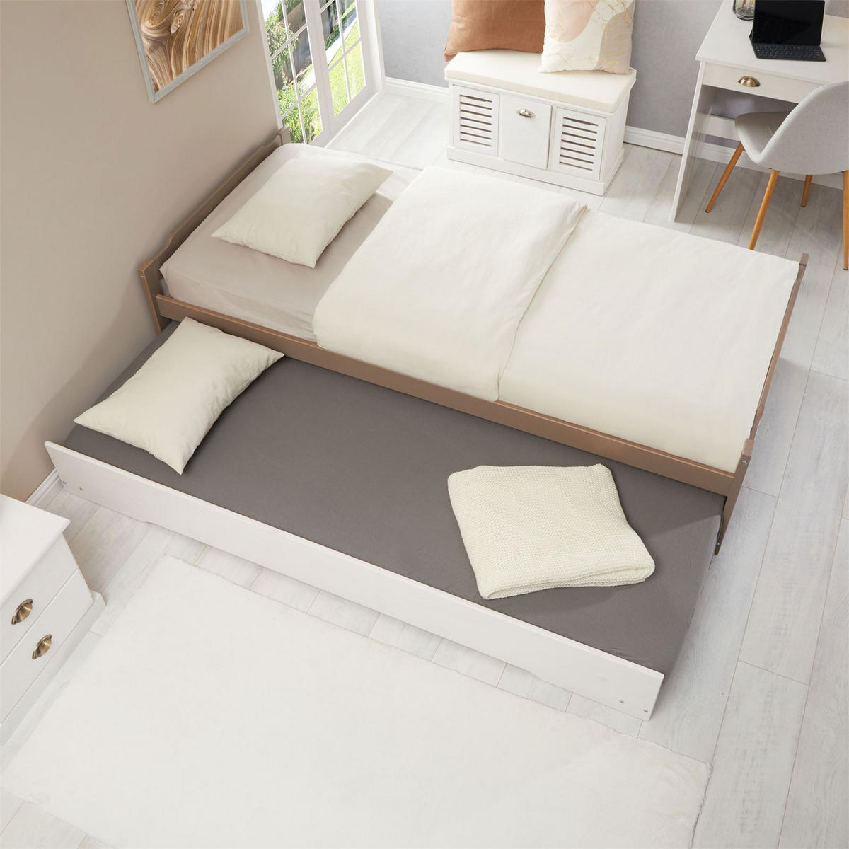 TANDEMBETT LORENA 90X190 CM - Taupe/Weiß, Holz (90/190cm) - IDIMEX