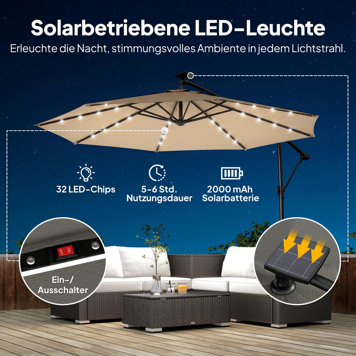 AMPELSCHIRM mit Solar LED Metall Polyester Beige - Beige, Textil/Metall (300/300cm) - Outsunny