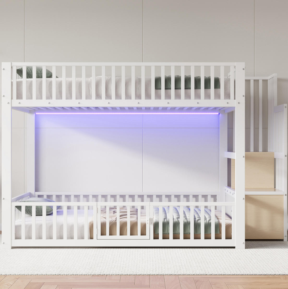 ETAGENBETT 140/200 cm mit LED-Beleuchtung, Stauraumleiter und Schutzgitter, Weiß - Weiß, Holzwerkstoff (140/200cm) - Redom
