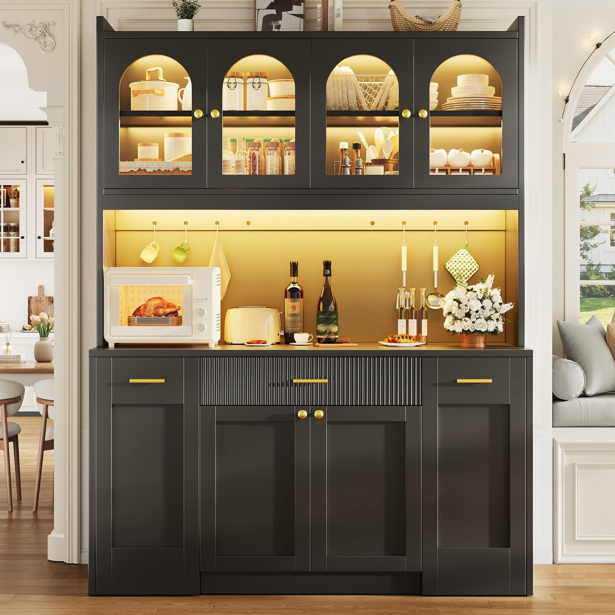 KÜCHENSCHRANK 120/187/40 cm, MDF, Schwarz, MIT RGB-LED BELEUCHTUNG, APP-STEUERUNG, für Küche und Esszimmer - Schwarz, Holzwerkstoff (40/187/120cm) - Rolipo