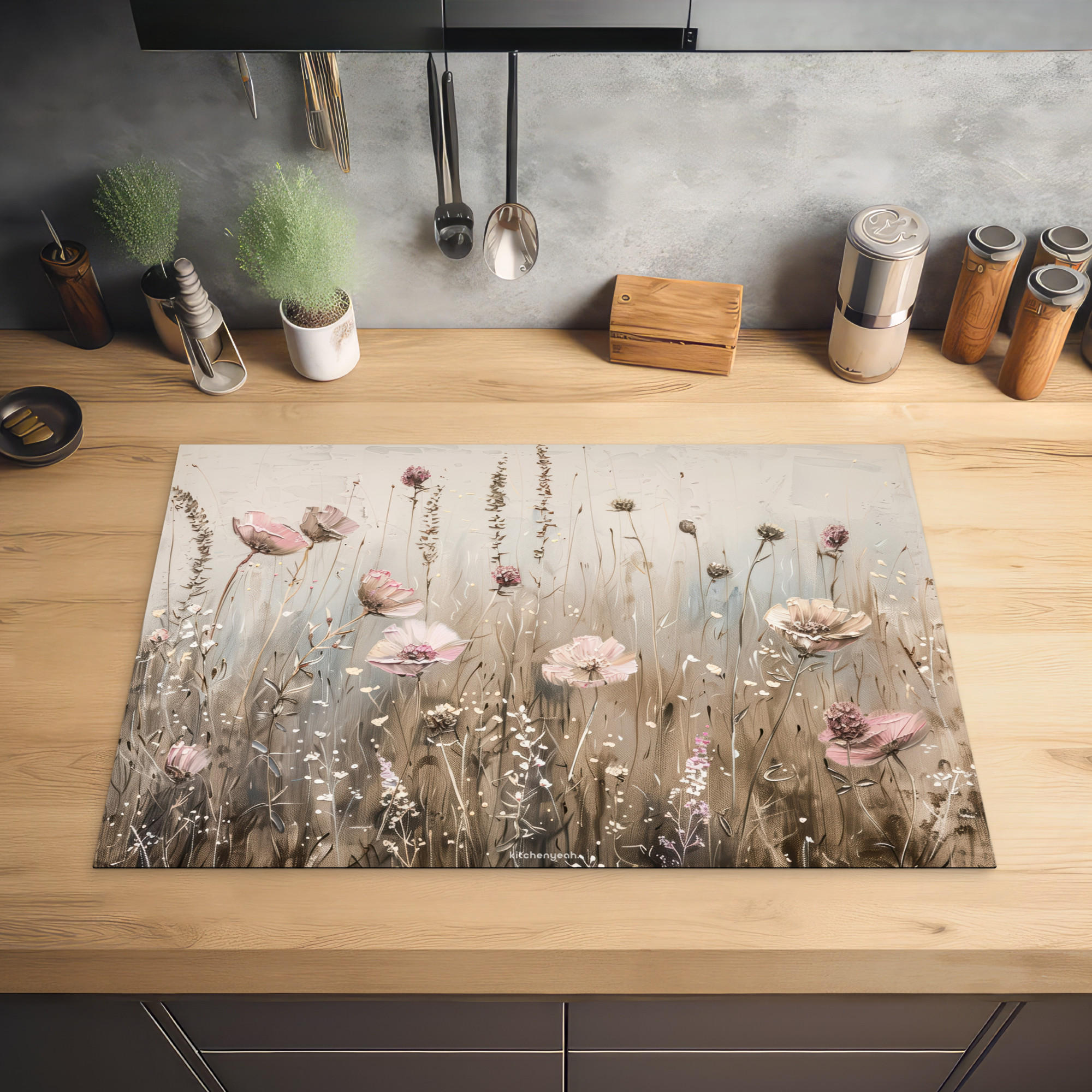 HERDABDECKPLATTE Blumen - Beige - Trockenblumen 76x51 cm - Beige, Kunststoff (76/0.2/51.5cm) - MuchoWow