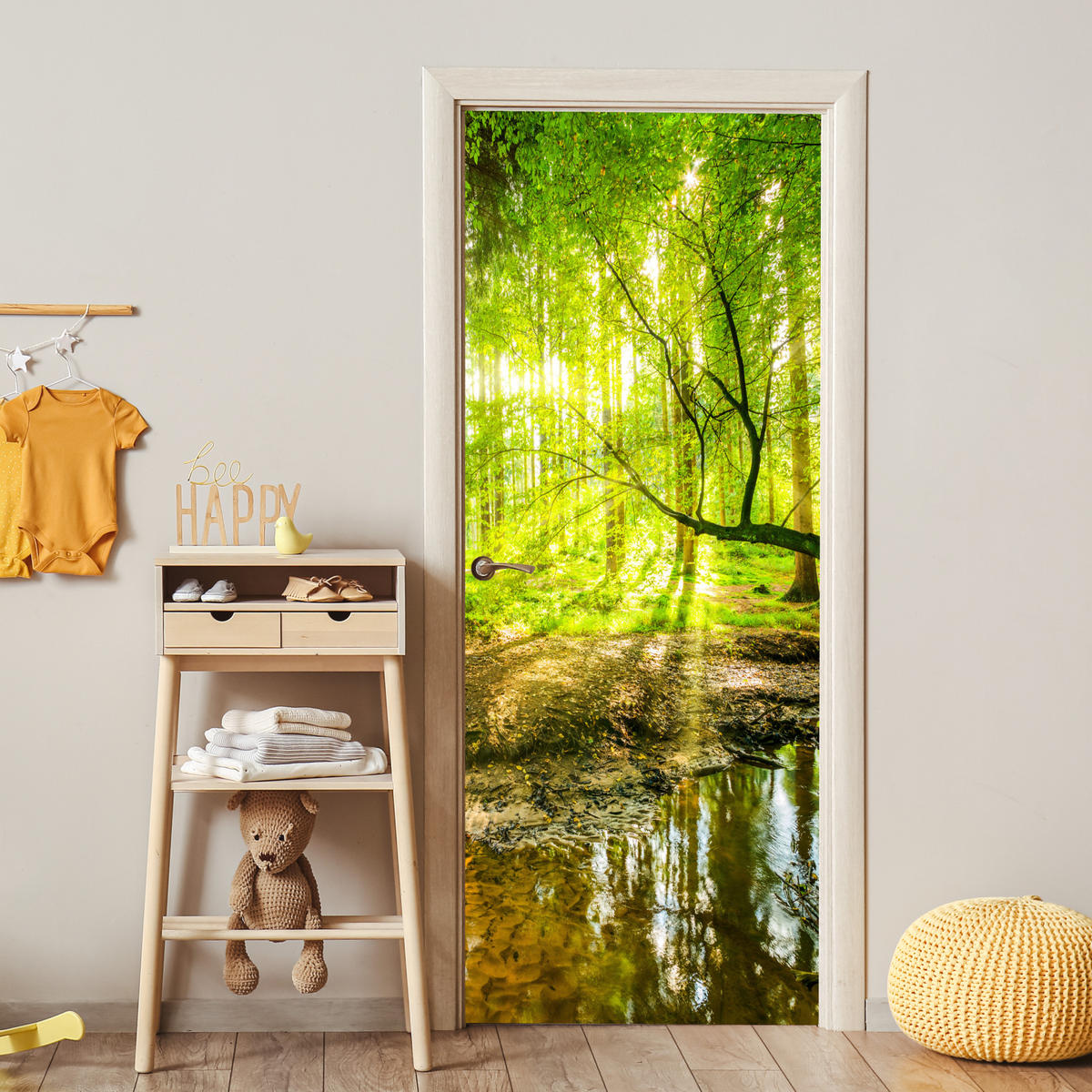 TÜRAUFKLEBER Wald - Landschaft - Wasser - Bäume - Sonne - Grün - Natur 80x215 cm - Türtapete - Hellgrün, Kunststoff (80/0.1cm) - MuchoWow