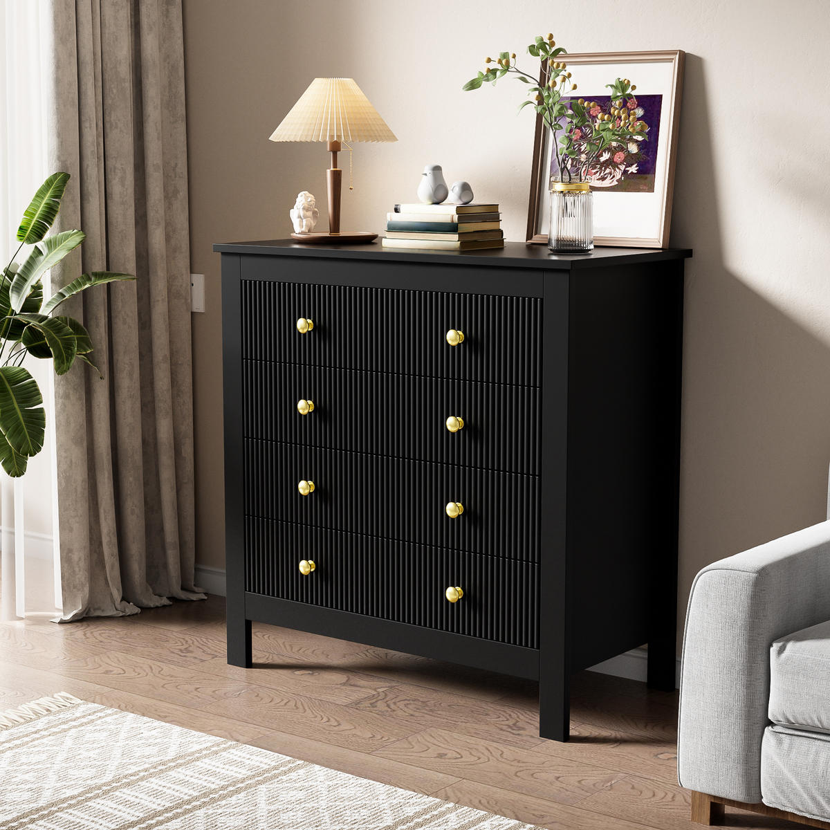 KOMMODE in Schwarz mit Spezialtüren und 5 Schubladen für Wohnzimmer, B79/T39.5/H80.5 cm - Schwarz, Holzwerkstoff (79/80.05/39.5cm) - STILVORA