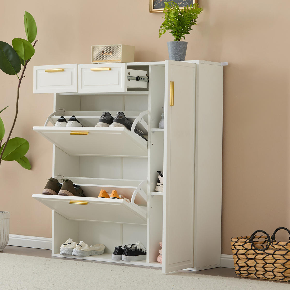 SCHUHSCHRANK in Weiß Schuhkommode mit verstellbaren Regalen goldenen Griffen Schubladen Klapptüren , B95/T24/H107cm - Weiß, Holzwerkstoff (95/107/24cm) - STILVORA