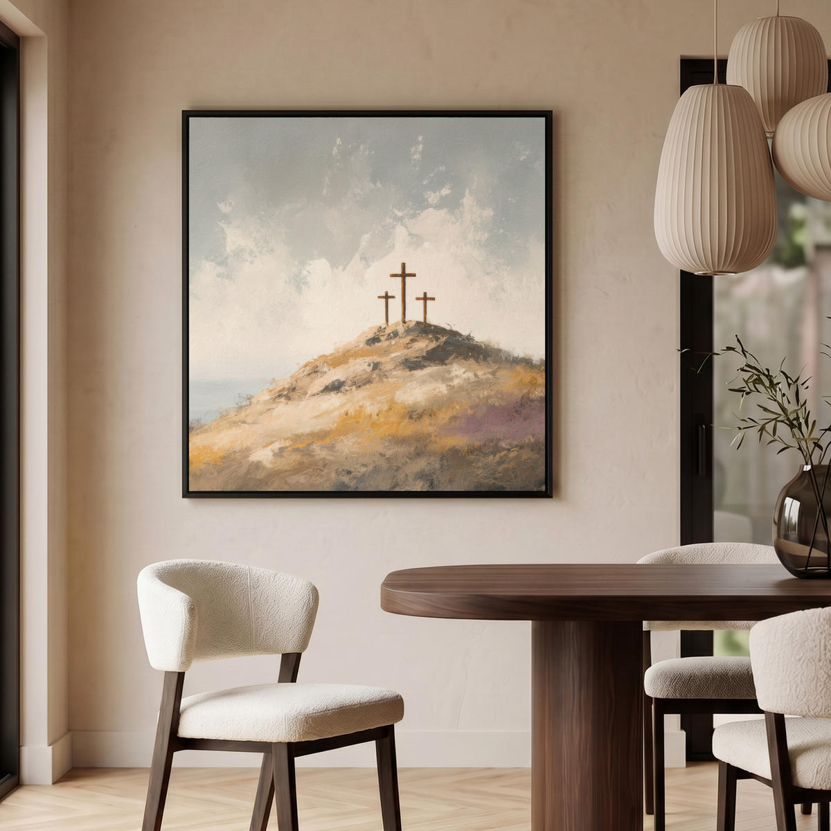 LEINWAND Bilder mit Rahmen - Hügel - Abstrakt - Christentum - Kreuz - 90x90 - Hellgrau, Textil (90/90cm) - MuchoWow
