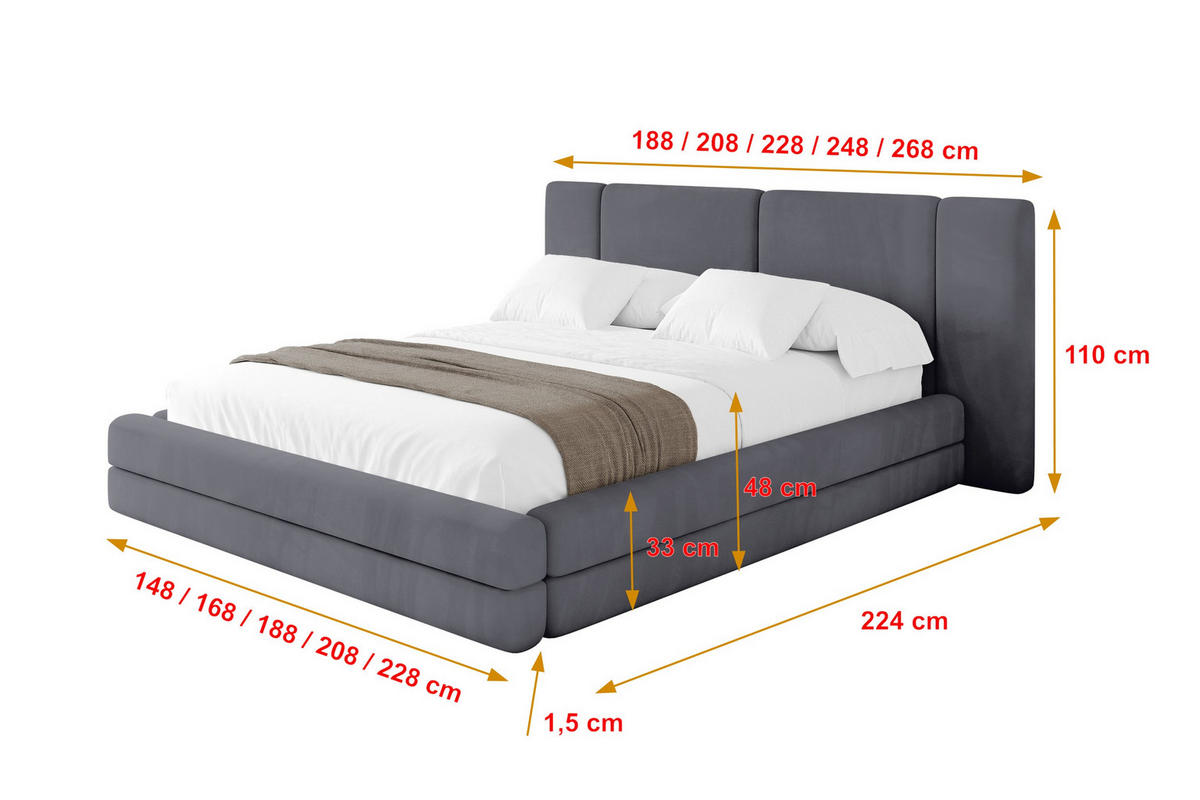 POLSTERBETT mit Bettkasten und Lattenrost, Bett mit Matratze H3/H4 - TEVO 200x200 Dunkelgrau - Dunkelgrau, Holzwerkstoff/Textil (200/200cm) - ALTDECOR