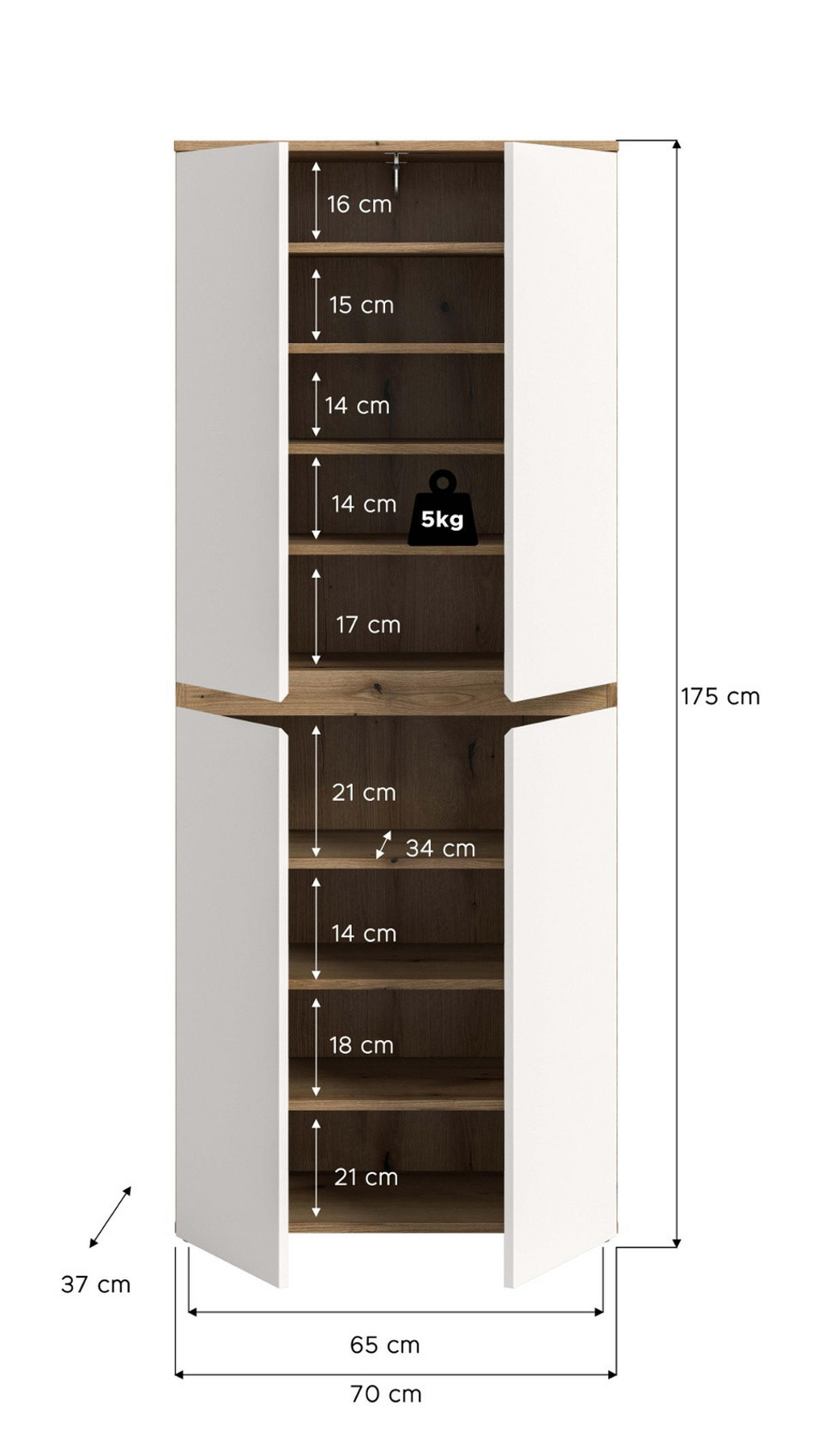 MEHRZWECKSCHRANK weiß, Evoke Eiche 70 x 175 cm, Stauraumschrank 4-türig mit 9 Fächern - Eichefarben/Schwarz, Holzwerkstoff/Kunststoff (70/175/37cm) - Inn.Furn