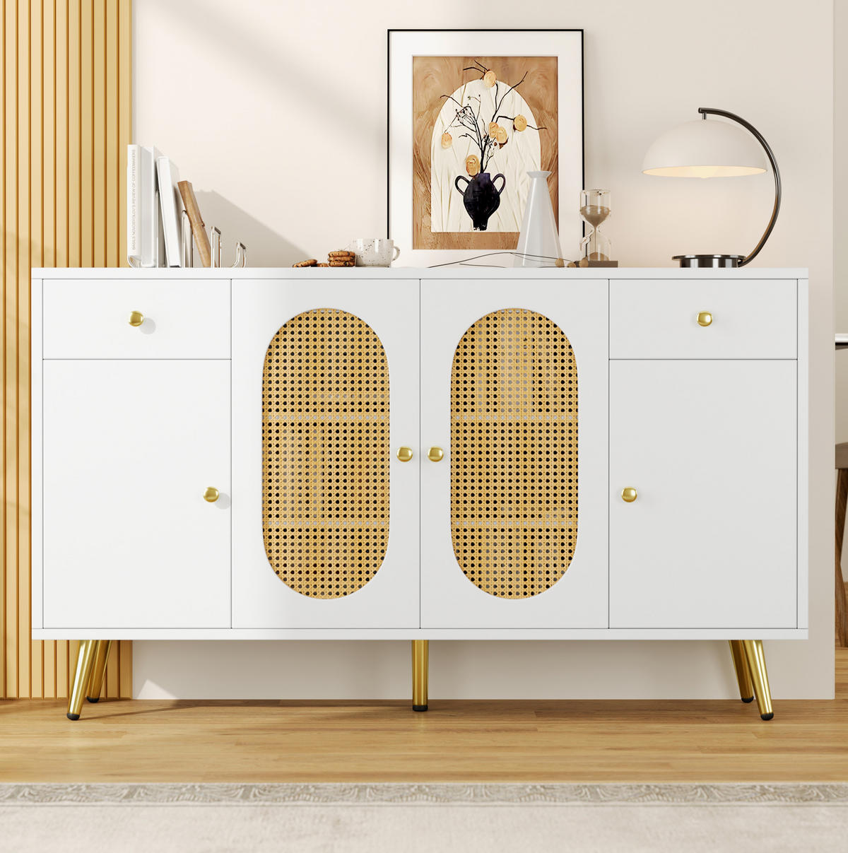 SIDEBOARD aus Spanplatte 140/35/82 cm mit 2 Schubladen, 4 Türen, höhenverstellbaren Einlegeböden und Metallfüßen, Natur/Weiß - Naturfarben, Holzwerkstoff (140/82/35cm) - Redom
