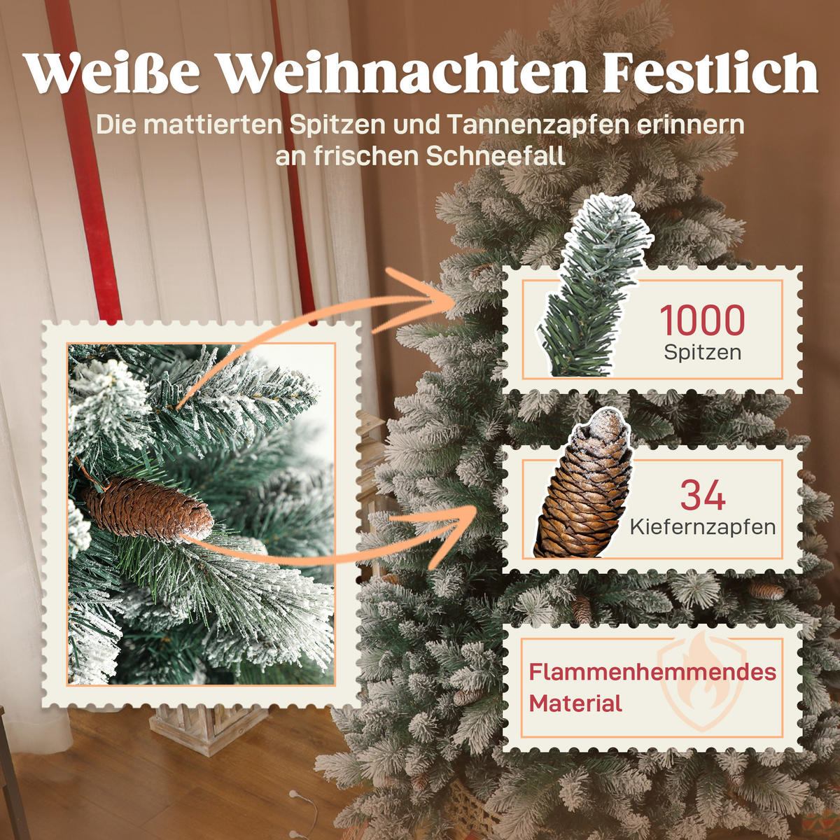 WEIHNACHTSBAUM DE-41586 Schnee, 1000 Spitzen, Tannenzapfen 180 cm - Weiß/Grün, Kunststoff (180cm) - ComfortXL