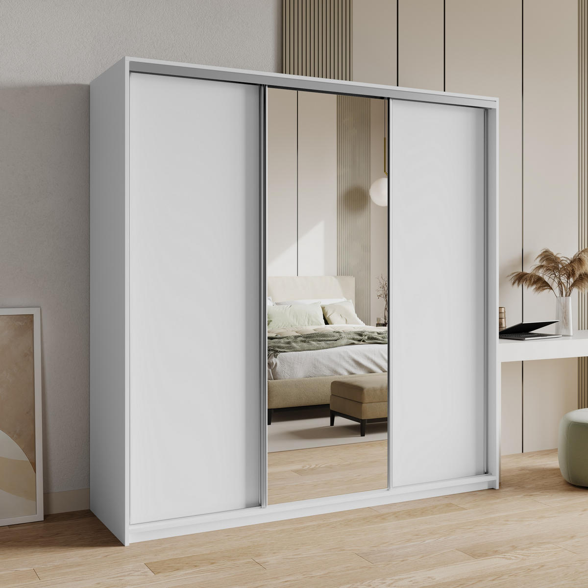 SCHWEBETÜRENSCHRANK TAVI 180/205/60 cm 3-türig mit Spiegel und Schubladen Weiß - Weiß/Nickelfarben, Holzwerkstoff (180/205/60cm) - MASSENO