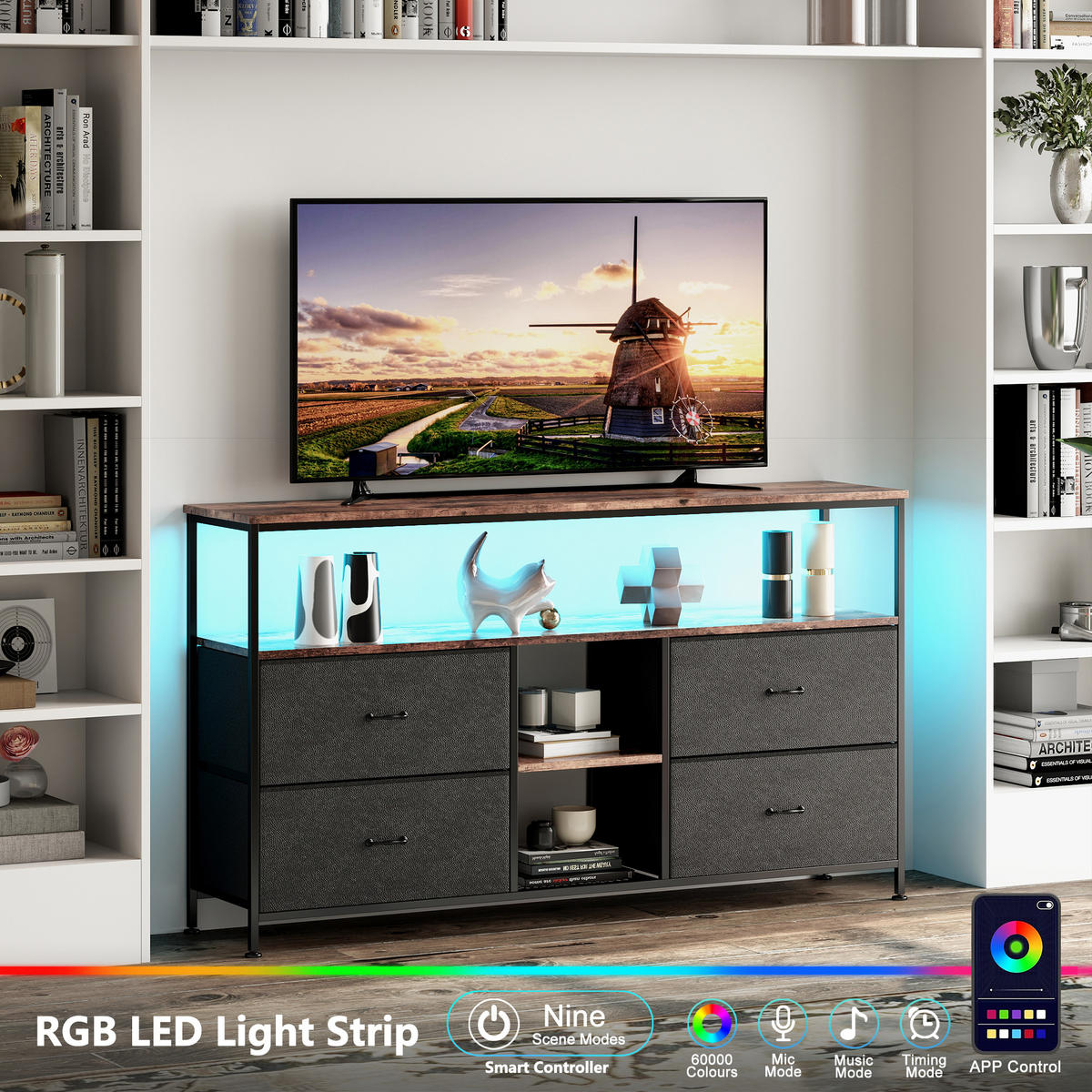 TV-SCHRANK 108 cm, LED, Holzoptik Tiger, 4 Stoffschubladen PU, Metallrahmen, höhenverstellbare Füße - Schwarz, Holz (108/76.8/29.8cm) - EuroLiving