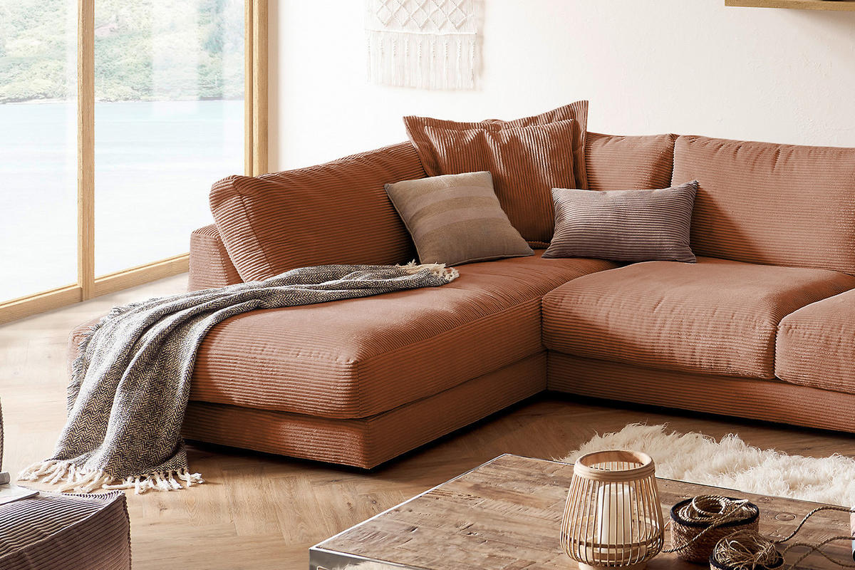 WOHNLANDSCHAFT MADELINE Braun Cord - Rotbraun/Schwarz, Kunststoff/Textil (425/86/224cm) - KAWOLA