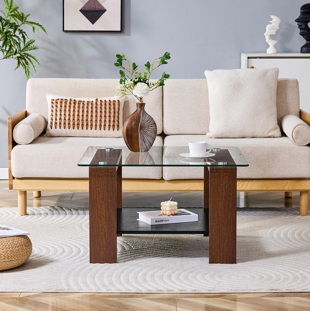 COUCHTISCH aus MDF und Glas 65x65x45,5 cm in Walnuss mit Stauraum - Walnussfarben, Holzwerkstoff (65/65/45.5cm) - Modfu