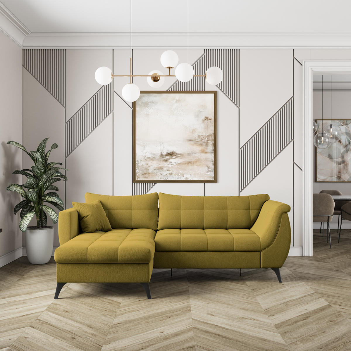 ECKSOFA MOLLIS Gelb Geflochtener-Stoff mit Schlaffunktion - Gelb, Holz (241/154cm) - MASSENO