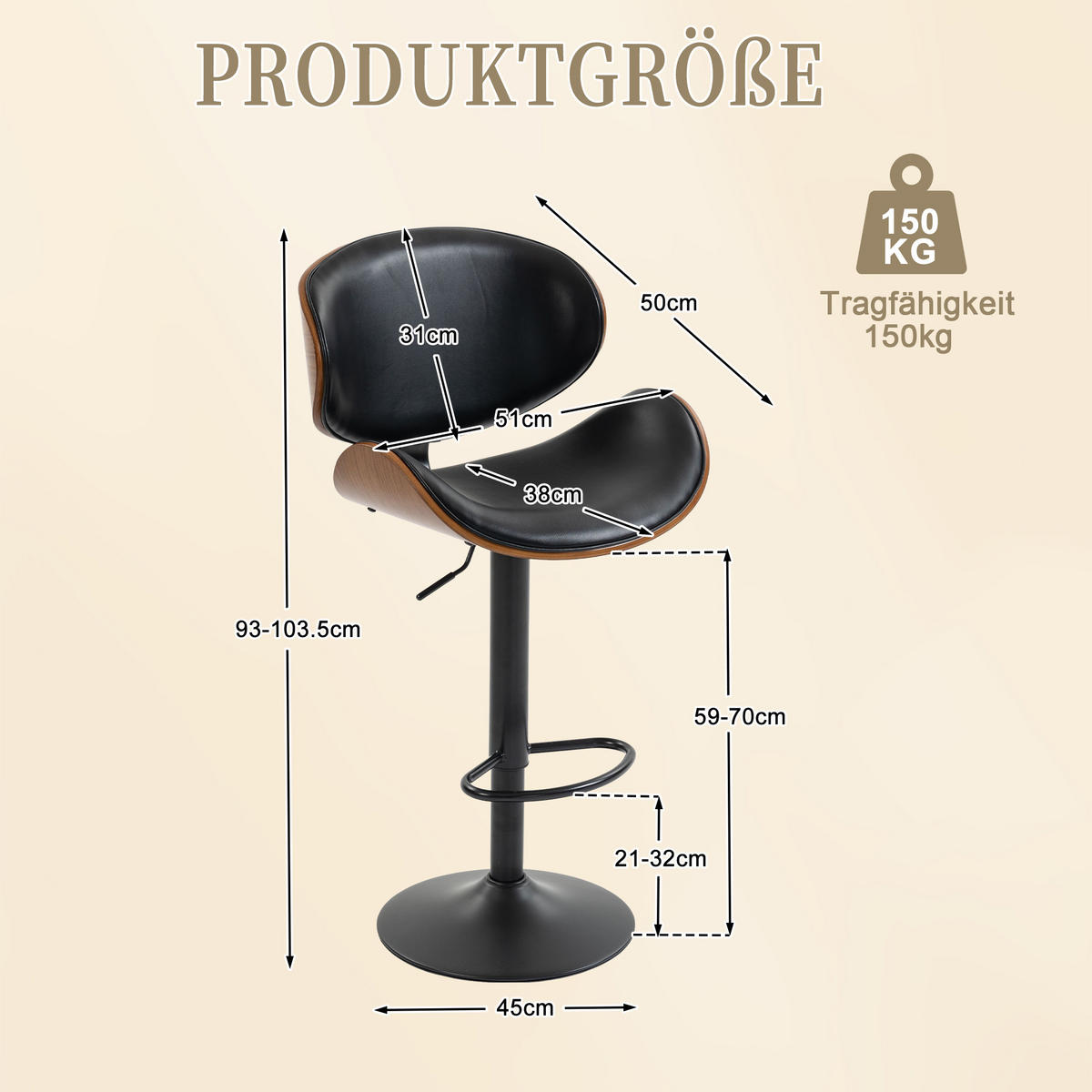 BARHOCKER 2er-Set drehbar, höhenverstellbar mit PU-Sitz, Schwarz - Schwarz, Kunststoff (51/93/50cm)