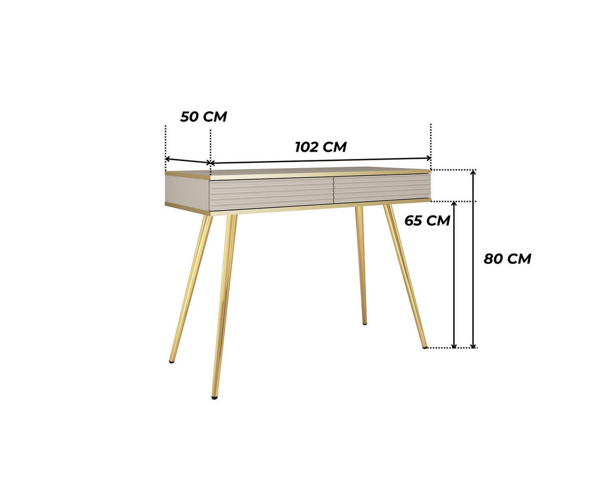 KONSOLENTISCH FORNO (Beige, Rillenfront, Goldene Details, 2 Schubladen, goldene Metallfüße, 102 cm) - Gelb/Beige, Holz/Holzwerkstoff (50/102/80cm) - Ravio