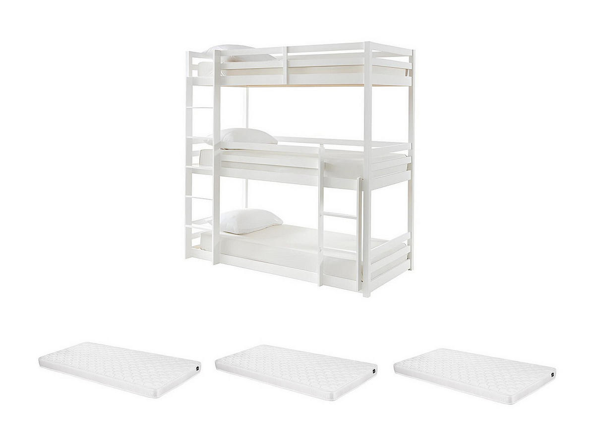 ETAGENBETT 3 Personen + Matratzen - Kiefernholz - 3 x 90 x 200 cm - Weiß - VAGAR - Weiß, Holz (101/208cm) - Vente-Unique
