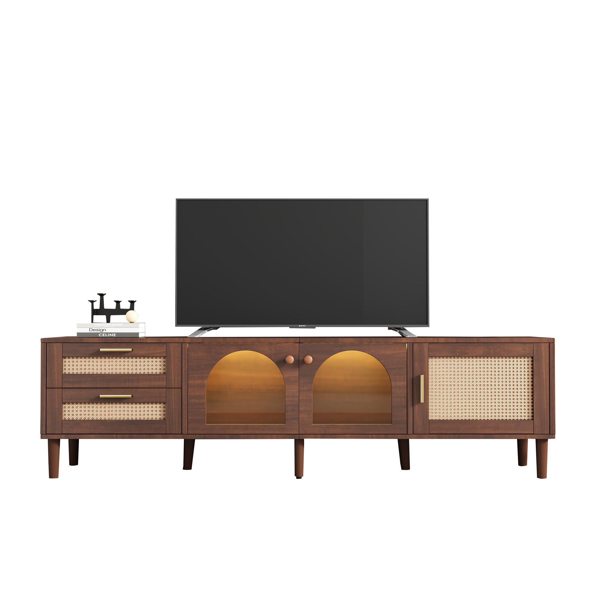 LOWBOARD 180/40/50 cm in Braun mit LED-Beleuchtung und Rattanfronten - Braun, Holzwerkstoff (180/50/40cm) - Flora Grace