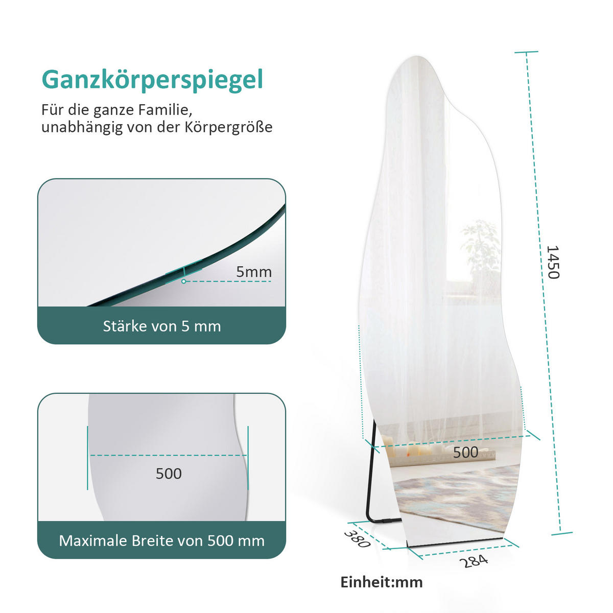 STANDSPIEGEL freistehend 145/50 cm - Schwarz, Glas (50/145/145cm) - EMKE