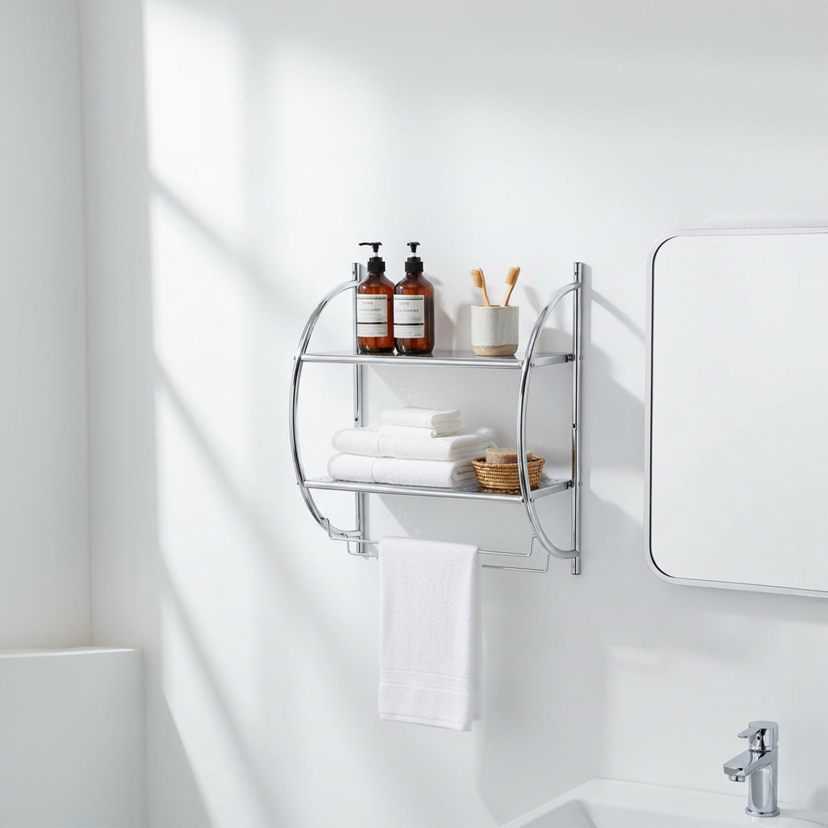 KÚPEĽŇOVÁ polica - strieborná, kov (44.5/54.5/25.5cm) - Relaxdays